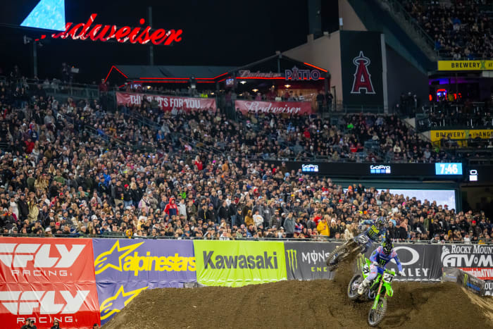 Cooper Webb and Jason Anderson battle for position in the closing laps of Saturday's season opener at Anaheim. Photo courtesy Align Media.